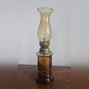 Vintage Mini Oil Lamp Amber Glass